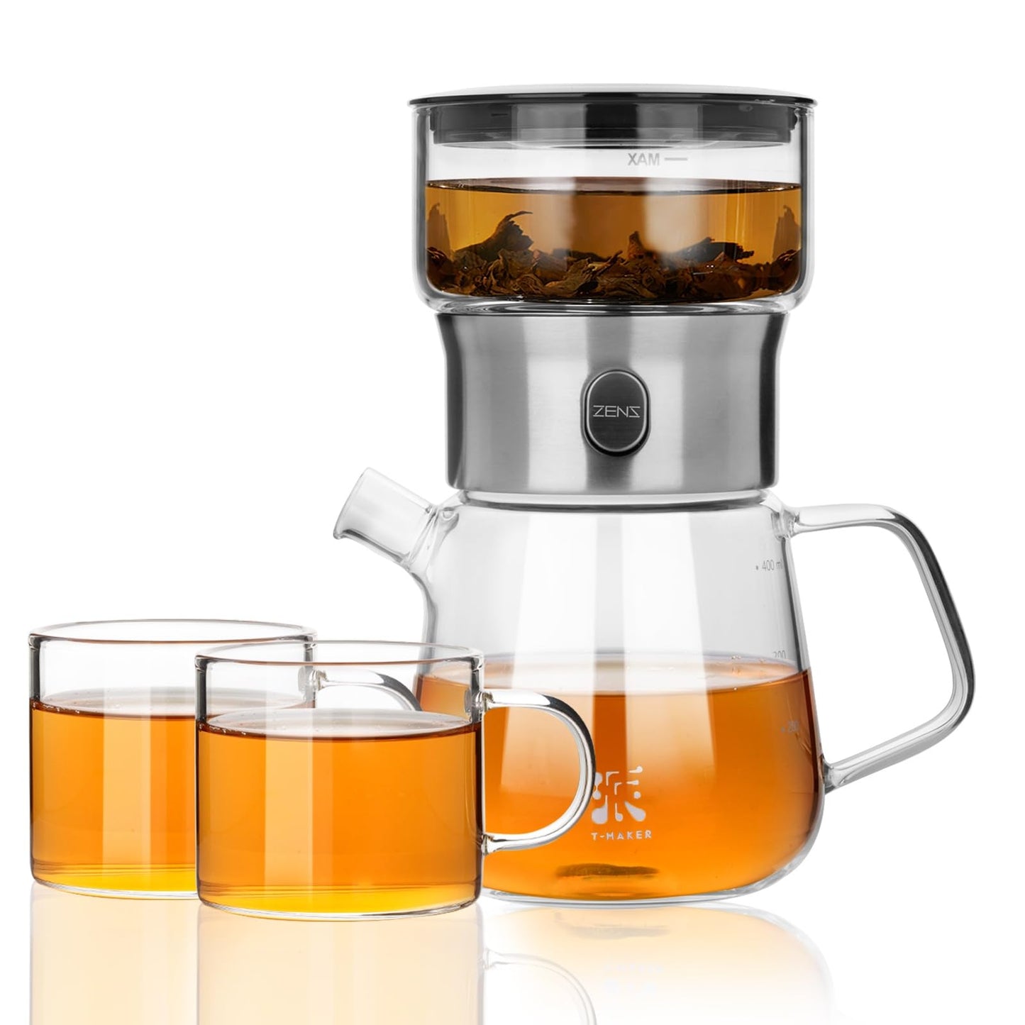 ZENS Glass Tea Infuser Pot, Modern One Touch Tea Maker for Tea Steeping