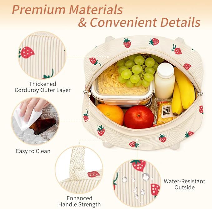 Coobiiya Corduroy Lunch Bag Lunch Box for Women Men, Cute Strawberry Lunch Tote Bags Insulated Reusable LunchBox Large Capacity Cooler Bag for Work Travel Picnic