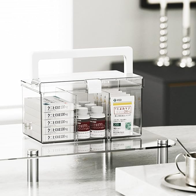 KIMCHOMERSE Large Qtip Holder, Cosmetic Organizer with Carry Handle, Adjustable 3 Compartments Qtip Dispenser for Swabs, Cotton Pads, Small Items Storage Organizer for Desktops and Drawers - Clear