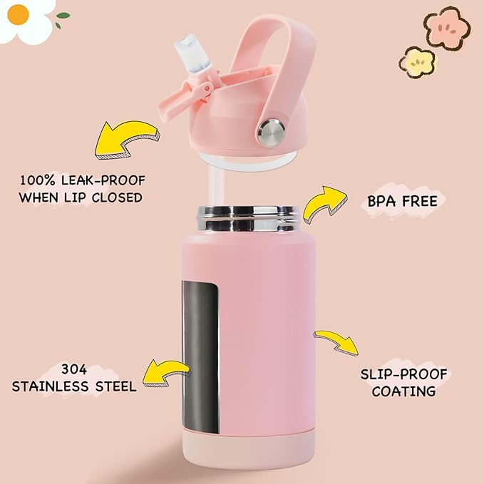 Kerilyn 12oz Kids Water Bottle 2 Pack, Stainless Steel Insulated Water Bottle Bulk, Toddler Cups with Straws Leak-Proof, Kids Water Bottles for School Boys Girls, BPA Free, Pink+Green 2 Piece Set
