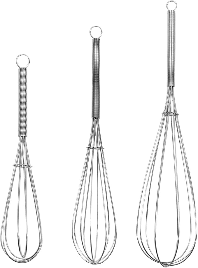 Digead Mini Wire Whisk, 3-Pack - 8, 10 & 12 Inch Small Whisk for Cooking - Ergonomic Spiral Handle, 304 Stainless Steel - Ideal for Whisking, Beating, Blending & Mixing Sauces - Silver