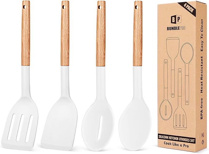 Pack of 4 Silicone Cooking Utensils Set, Non Stick Solid Spatulas and Heat Resistant Slotted Spoons with Wooden Handle, Ideal Wood Kitchen Utensils Set for Frying,Serving,Turning,Stirring (PINK)