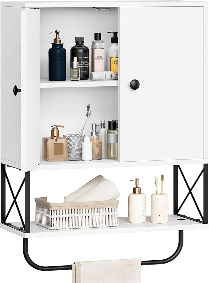 Bathroom Wall Cabinet with 2 Door and Adjustable Shelf, Farmhouse Medicine Cabinet with Towel Rack, 3-Tier Wall Mounted Storage Cabinet Over The Toilet for Bathroom, 18.9" L, White