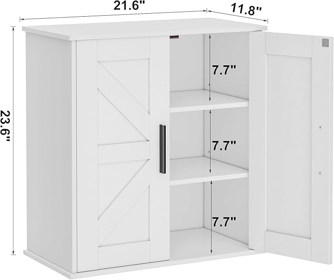 Bathroom Wall Cabinet, Over Toilet Storage Cabinet with Barn Doors and Adjustable Shelves, 3-Tier Medicine Cabinet Wall Mounted, for Bathroom, Kitchen, Entryway, Laundry Room, White, (11.8" D)