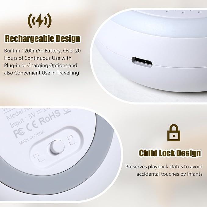 White Noise Machine for Baby Sleep – 6 Baby Sounds, Timer, Night Light & Child Lock – Portable Sound Soother for Crib, Car, Travel & Newborn Naps