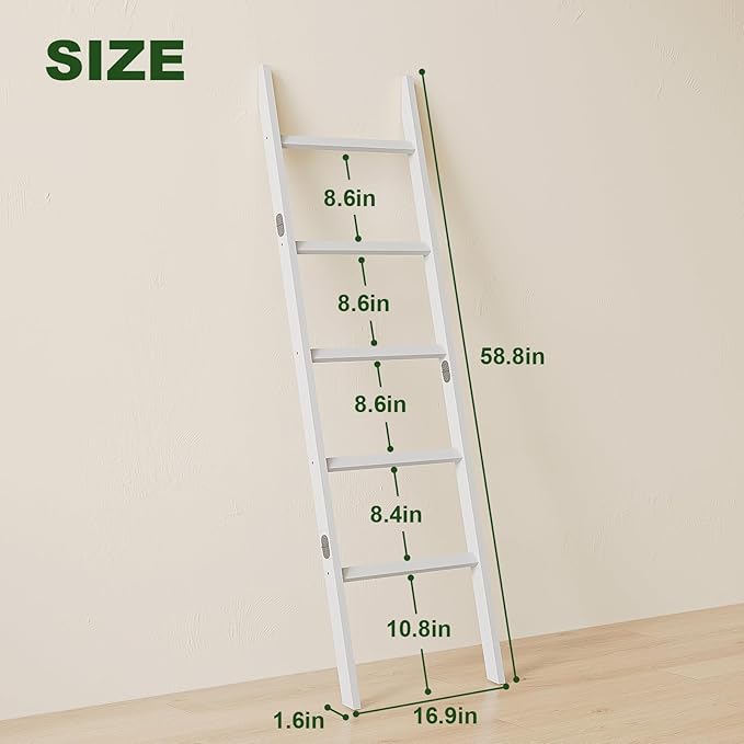 Bamboo Towel Rack 5-Tier Blanket Ladder for Living Room, Bedroom, Bathroom Space-Saving Decorative Ladder for Quilts, Towels and More White