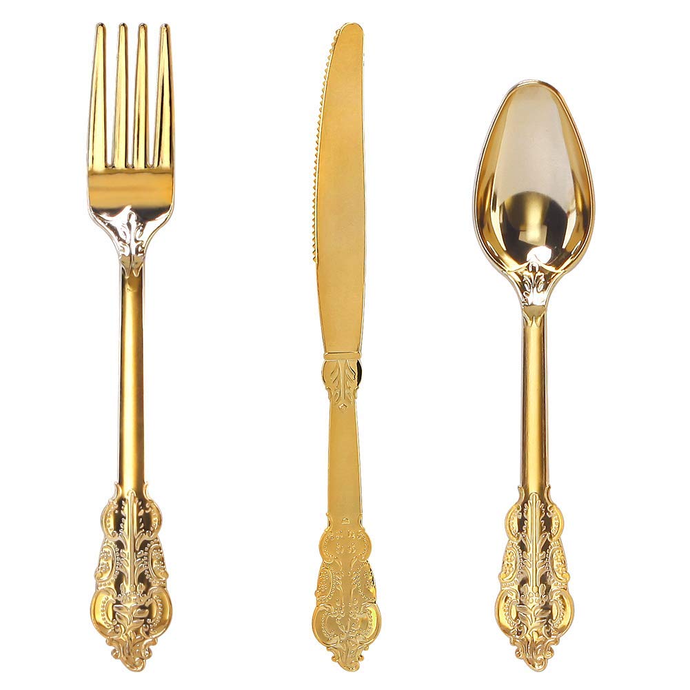 WDF300 Pieces Gold Plastic Silverware - Heavy Duty Disposable Cutlery Set Plastic Gold Silverware Set Includes 100 Forks, 100 Spoons, 100 Knives for Party/Baby Shower/Wedding/Birthday