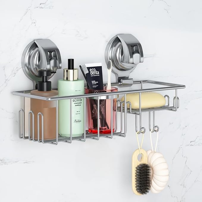 Suction Cup Shower Shelf, Shower Caddy Soap Dish with Hooks for Sponge, Rust Proof 304 Stainless Steel, Silver