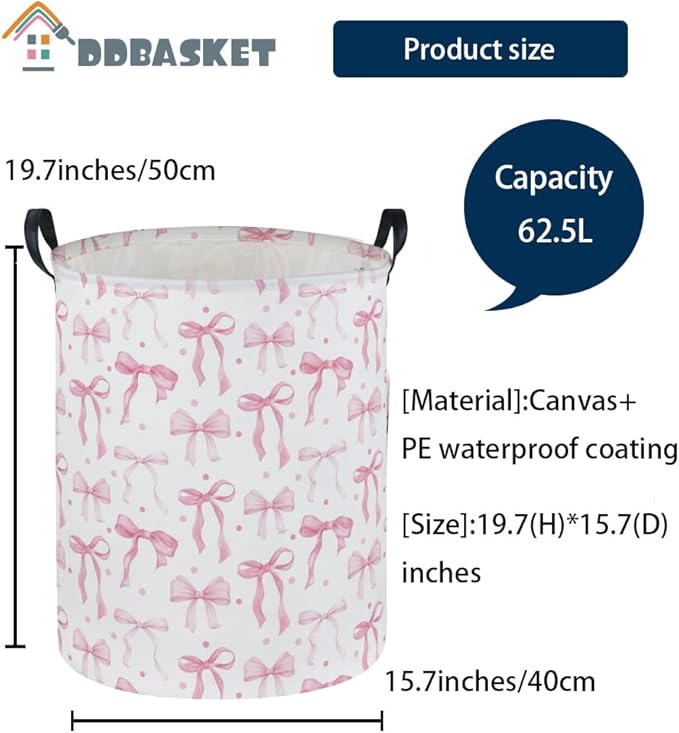 Girls Laundry Basket Pink Hamper for Nursery Bowkont Hamper Cute Kids Storage Bin Organizer Room Decor for Home(Pink bowkont)