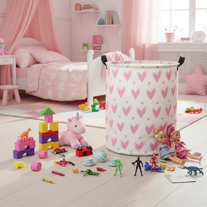 HIYAGON Baby Laundry Basket Baby Hamper for Nursery Girl Kids Butterfly Hamper Cute Kids Toys Storage Bin Organizer Butterfly Room Decor for Home(Pink Hearts)