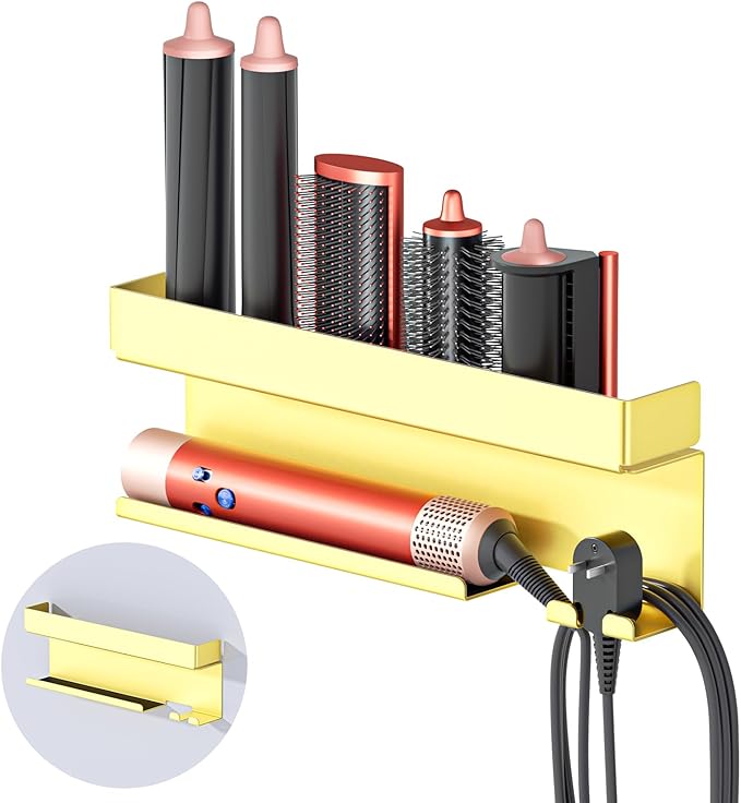 Storage Hair Dryer Holder for Curling Iron Accessories, Hair Tool Organizer Wall Mount, Curling Iron Holder, Bathroom Hair Straightener Holder Stand for Styler Attachments Organizer, Gold