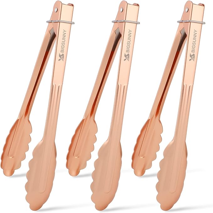 MSY BIGSUNNY 9 Inch Kitchen Food Tongs for Cooking and Serving- Aluminum - Set of 3 (gold-plated)