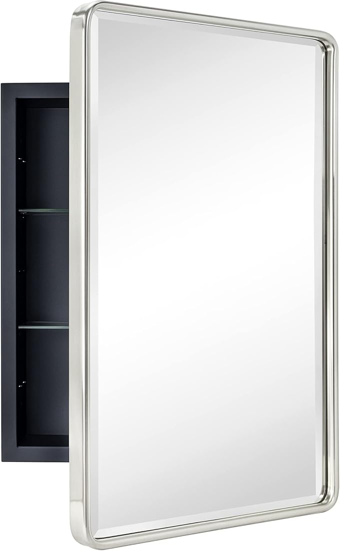 TEHOME Farmhouse Brushed Nickel Metal Framed Recessed Bathroom Medicine Cabinet with Mirror Rounded Rectangle Medicine Cabinet with Beveled Mirror 16x24''