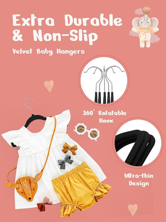 HOUSE DAY 11 Inch Velvet Baby Hangers 100 Pack Black, Premium Kids Hangers for Children, Infant & Toddler Clothes, Durable Non Slip Small Baby Felt Hanger for Closet, Ideal for Everyday Use