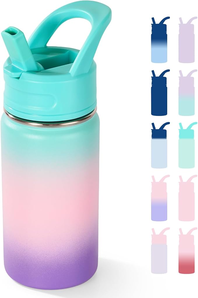 12oz Kids Water Bottle for School, Toddler Water Bottles with Straws, Insulated Water Bottles for Boys&Girls, Stainless Steel Vacuum Insulated Bottle for Kids, Leak-Proof, BPA-Free, aurora