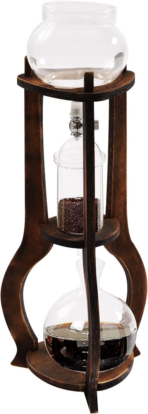 Netcoin Cold Brew Coffee Maker, 600 ml/20.29 oz Iced Coffee Tower Dripper Coffee Maker & Tea Maker 6-8 Cups, High Borosilicate Glass, Wood, 304 Stainless Steel, Copper - for Home Office (Grey)