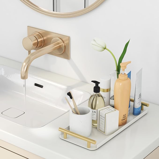 Toilet Paper Basket, Stainless Steel Tank Tray with Handle for Organizing - Toilet Paper Basket Storage for Tank, Bathroom, Kitchen Counter (White+Gold)