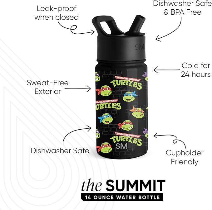 Simple Modern Kids Summit Water Bottle with Straw lid | Teenage Mutant Ninja 14oz Turtles Stainless Steel Cup Insulated Tumbler for Toddlers, Boys, School | TMNT Turtles Unite