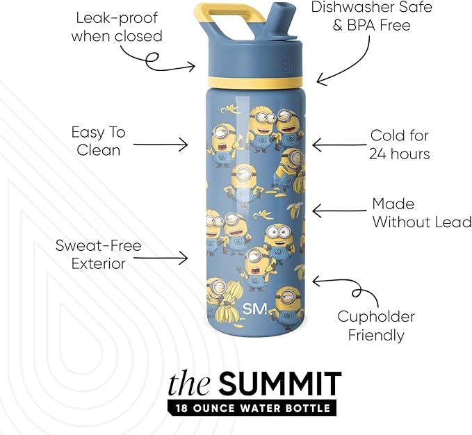 Simple Modern Kids Summit Water Bottle with Straw Lid | Despicable Me Minions 18oz Stainless Steel Cup Insulated Tumbler for Girls, Boys, School | Minions Unite