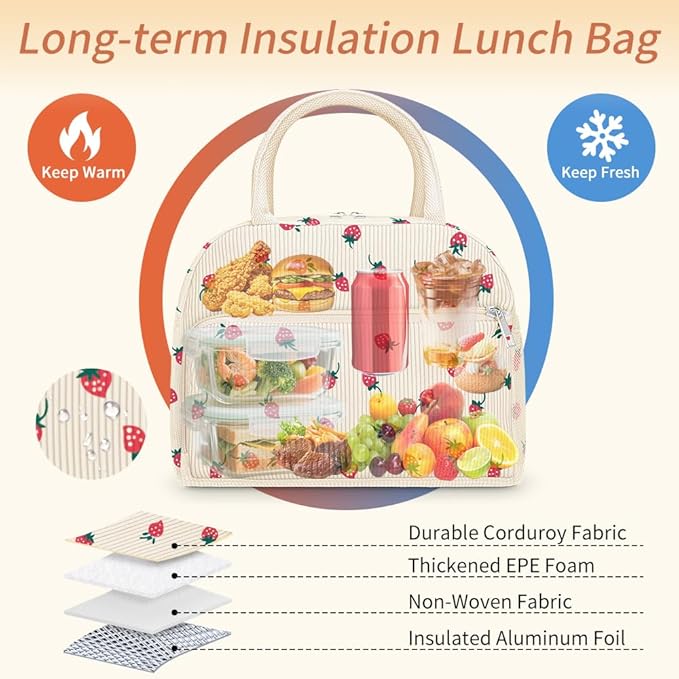 Coobiiya Corduroy Lunch Bag Lunch Box for Women Men, Cute Strawberry Lunch Tote Bags Insulated Reusable LunchBox Large Capacity Cooler Bag for Work Travel Picnic