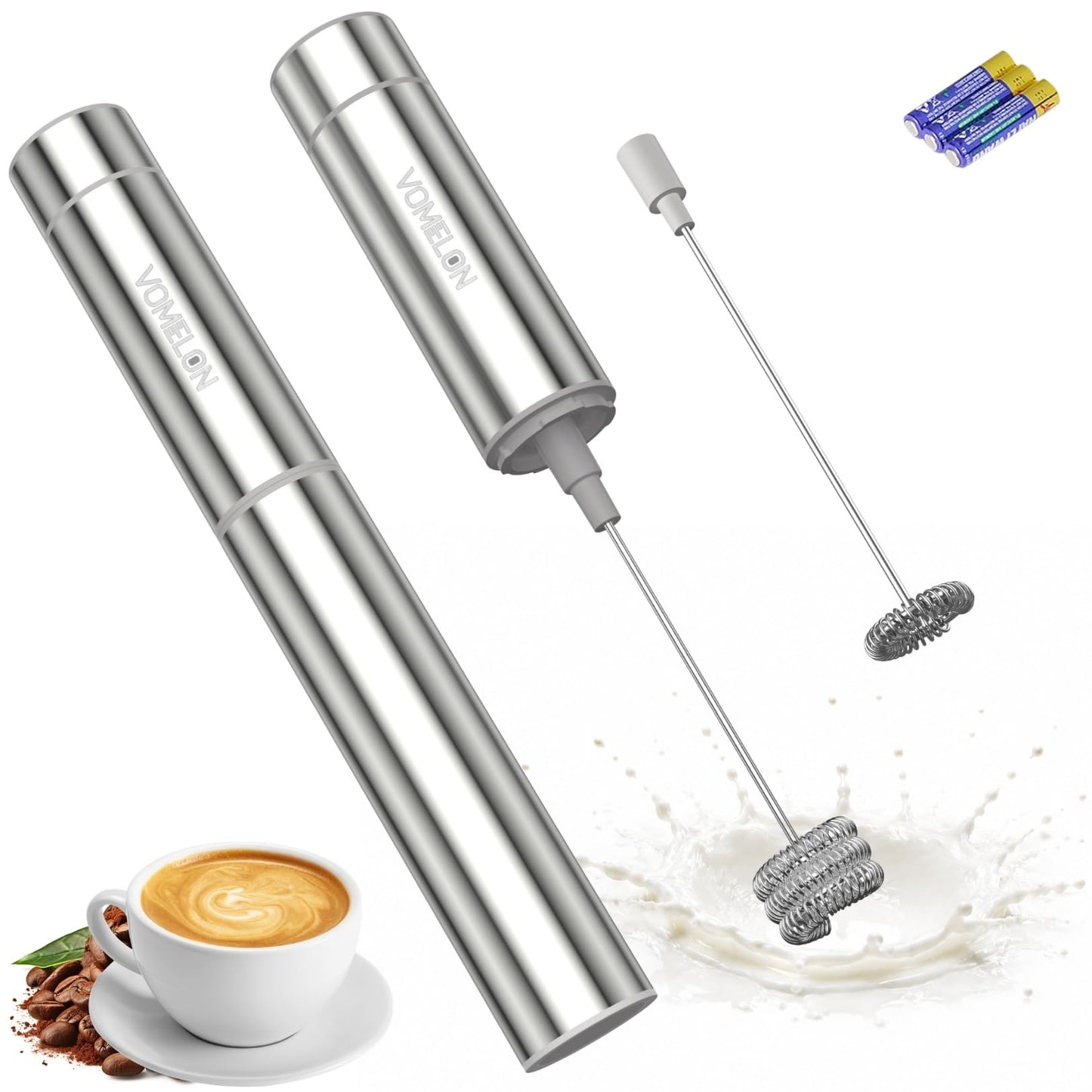 Electric Milk Frother Handheld,Travel Coffee Drink Mixer Batteries Included, 304 Stainless Steel Whisk for latte Cappuccino,Bulletproof Coffee Hot Chocolate,Egg White
