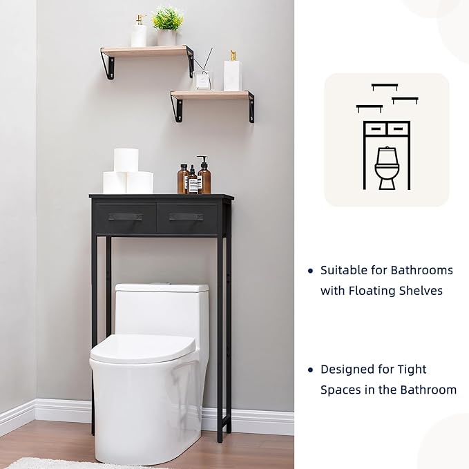 MOHOPE 2-Tier Over The Toilet Storage with 2 Fabric Drawers, Freestanding Above The Toilet Storage Cabinet, Space Saver Metal Over Toilet Bathroom Organizer Shelf for Small Space, Black