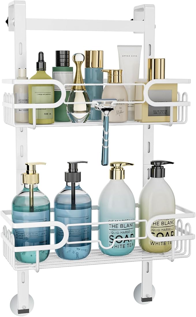 Consumest Over The Door Shower Caddy - 2 Tier Adjustable Hanging Shower Organizer Shelf with 12 Hooks, Rustproof Easy Installation Hanging Storage Rack for Bathroom, White