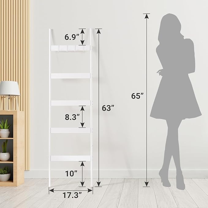 ELYKEN Blanket Ladder for Living Room, Farmhouse 5-Tier Quilt Holder with 4 Removable Hooks for Bathroom, Wood Towel Rack Display, Wall Anchor Leaning Decorative Stand for Home, White