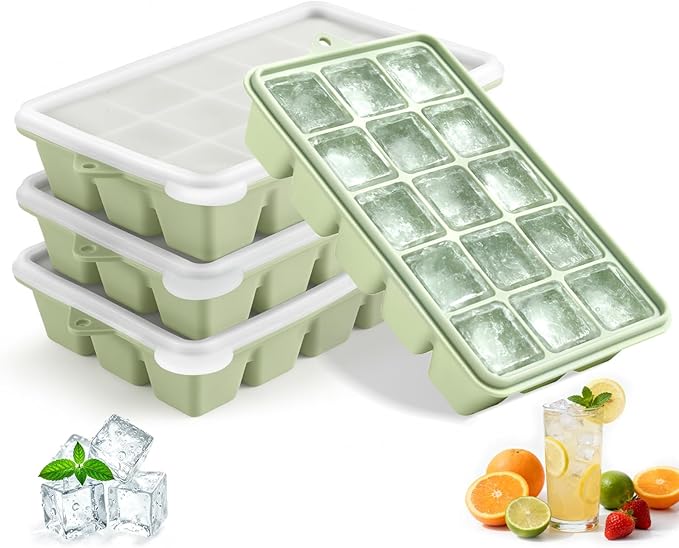 Silicone Ice Cube Trays with Lid, Set of 4, Easy Release Ice Molds, Reusable and Stackable Ice Trays for Freezer for Cocktail, Whiskey, Baby Food, BPA Free (gray)