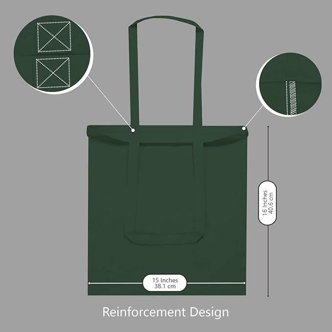 TOPDesign 12-Pack Economical 16"x15" Green Black Cotton Tote Bag, Lightweight Medium Reusable Grocery Shopping Cloth Bags, Suitable for DIY, Advertising, Promotion, Gift, Activity