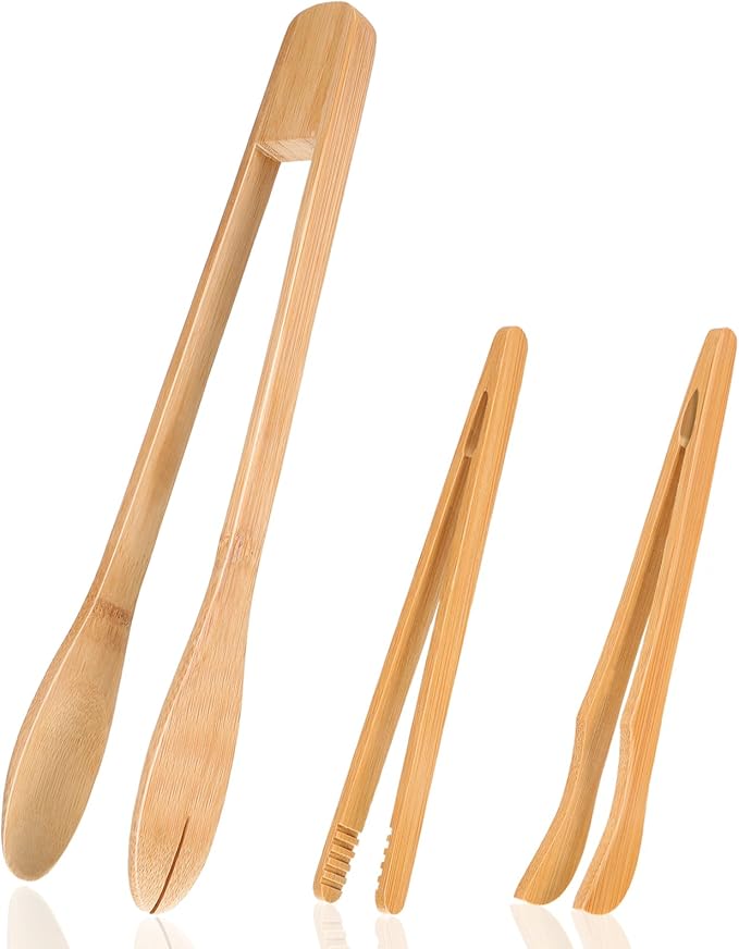 Zopeal 9 Pcs 7 and 12 Inch Bamboo Toaster Tongs, Wooden Tongs for Cooking