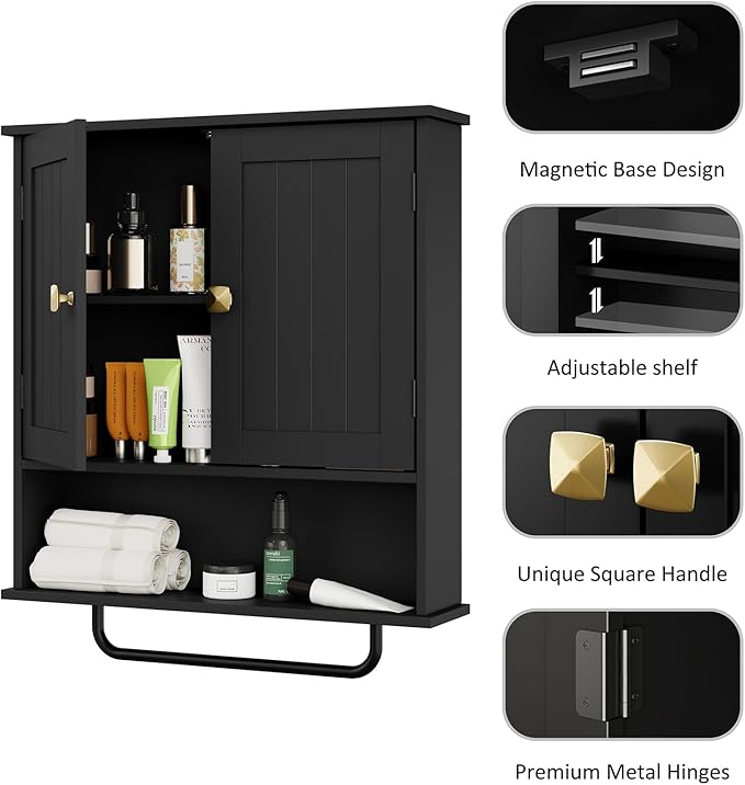 RRX Bathroom Cabinet Wall Mounted Medicine Cabinets with Towels Bar, Over The Toilet Storage Cabinet with 2 Doors and Adjustable Shelf, White Wall Cabinet for Bathroom Laundry Kitchen (Black)