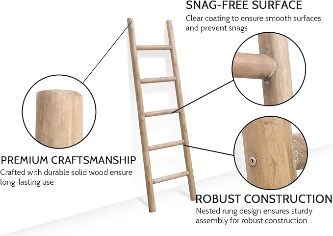 FUIN 57in Wood Blanket Ladder Living Room Decorative Wall Leaning Farmhouse Quilt Display Holder Rustic Wooden Towel Rack for Bathroom, Brown