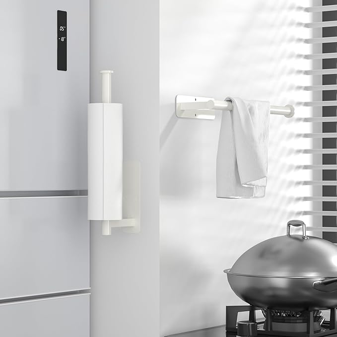 ASTOFLI Paper Towel Holder Under Cabinet No Drilling, Self Adhesive Paper Towel Holder Wall Mount for Kitchen Rack, Under Counter Napin Holder No Drill, RV, 304 Stainless Steel, White 2 Pack