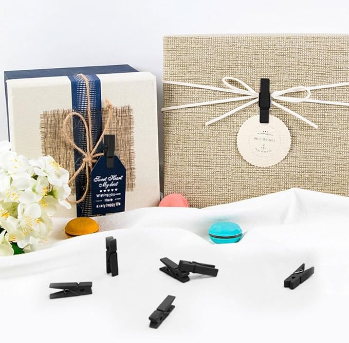 1.35 Inch Mini Clothes Pins for Photo100 Pcs with 32 Feet Jute Twine, Mini Clothes Pins for Crafts, Wooden Small Clothespins for Pictures, Tiny Decorative Clothespins for Baby Shower - Black