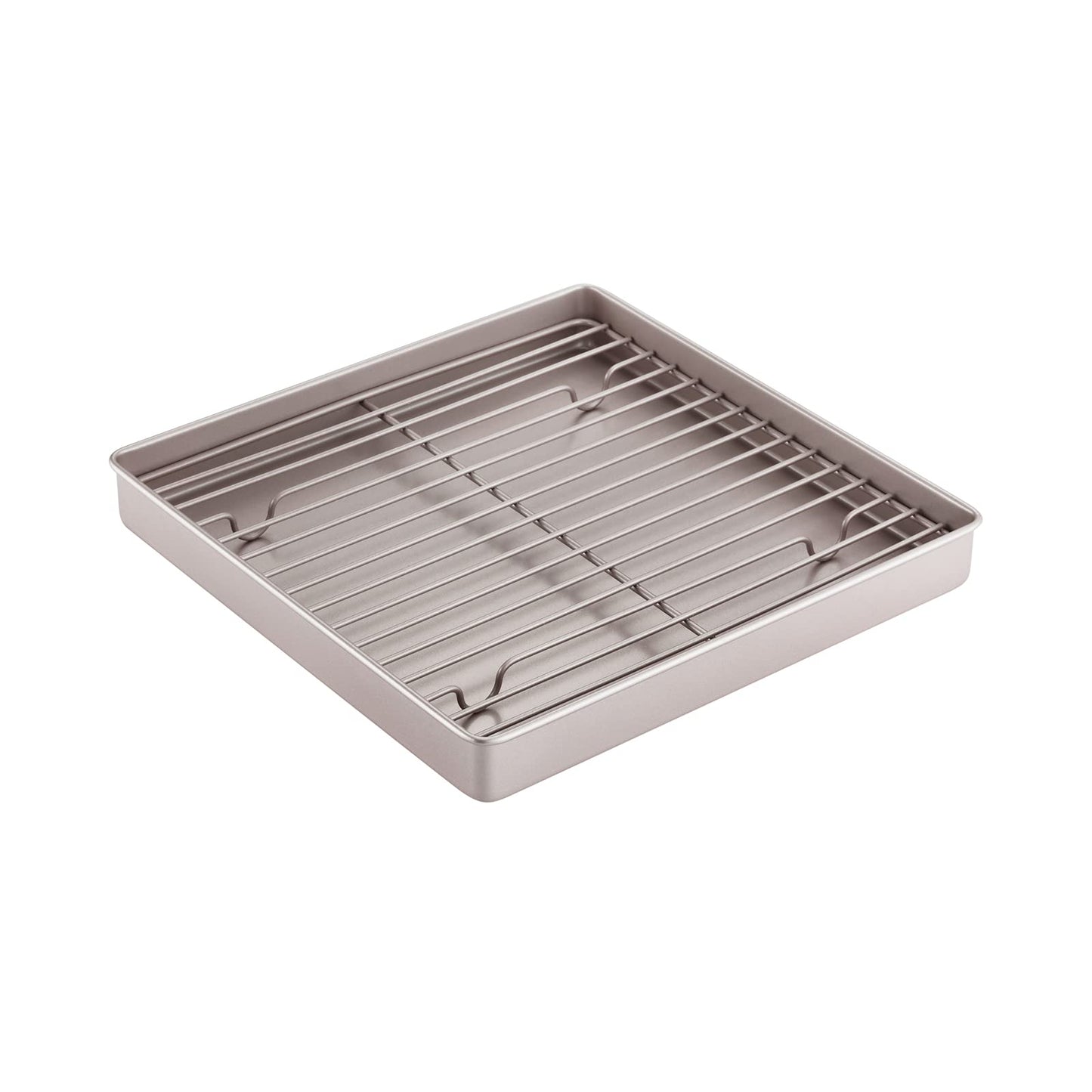 CHEFMADE Roasting Pan with Rack, 11-Inch Non-Stick Square Shallow Dish Sheet Pan with Wire Rack for Oven Baking, BBQ and Roasting 11.2" x 11.2" x 1.4" (Champagne Gold)