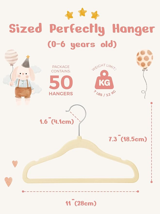 HOUSE DAY 11 Inch Velvet Baby Hangers 50 Pack Beige, Premium Kids Hangers for Children, Infant & Toddler Clothes, Durable Non Slip Small Baby Felt Hanger for Closet, Ideal for Everyday Use