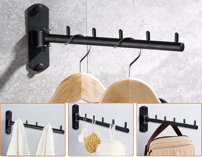Folding Wall Mounted Clothes Hanger Rack with Swing Arm, Foldable 180°Rotation, Stainless Steel 304 Folding Clothes Hanger Drying Rack Rod, for Laundry Room Valet Hook (Black)