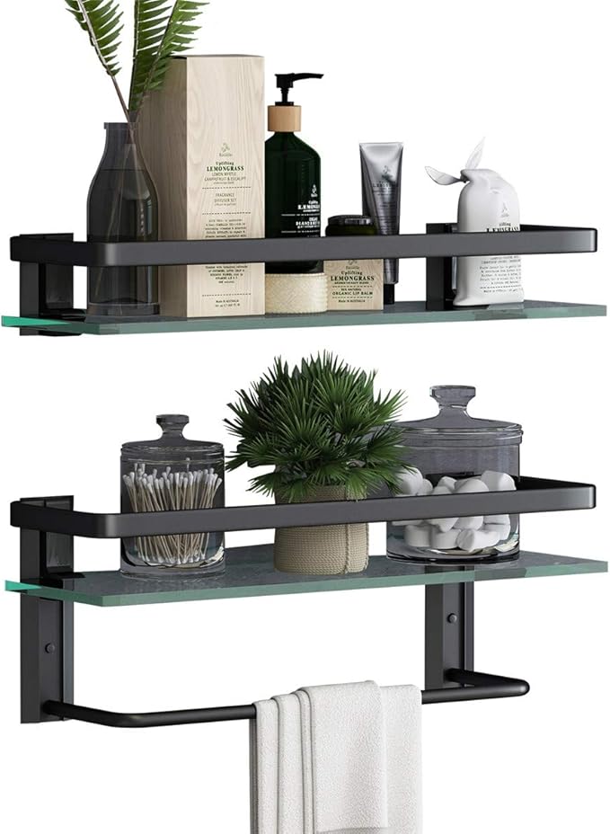 VOLPONE Glass Bathroom Shelf with Towel Bar 15.7in Bathroom Wall Shelves Rustproof Metal Bathroom Wall Organizer 2-Tier (Black)