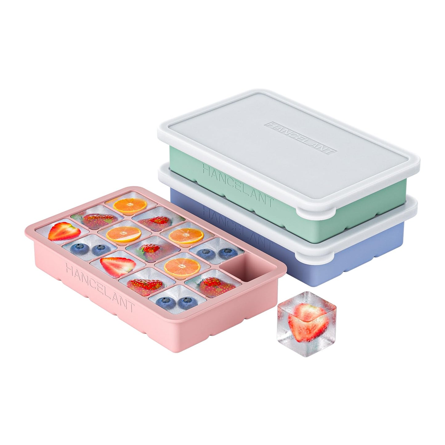Silicone Ice Cube Tray 2 Pack, HANCELANT Ice Cube Mold, Ice Trays for Freezer with Lid for Whiskey, Cocktail, Drinks and Food, Freezer, BPA Free, Easy Release