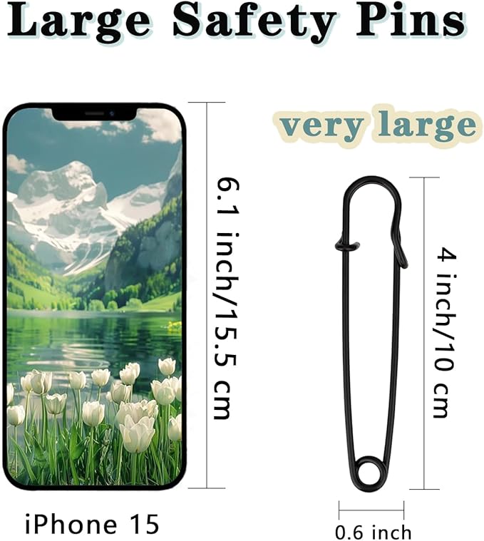 15Pcs Large Safety Pins, 4‘’ Heavy Duty Steel Safety Pins for Clothes, Ideal for Leather, Canvas, and Wool, Sharp Tip for Secure Hold, Perfect for Clothing, Diapers, Blankets, and More, Black