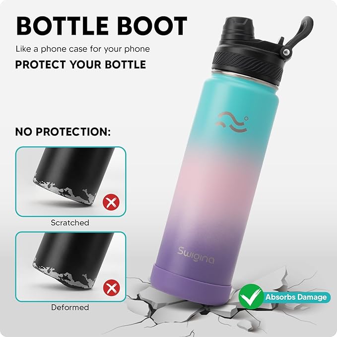 [2-IN-1 LID] Insulated Water Bottle with Silicone Boot (36hrs Cold/18hrs Hot) - DIY Stickers, Leakproof, BPA Free, 24 oz