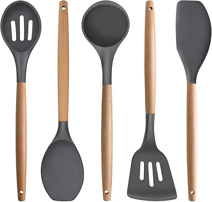IOCBYHZ Silicone Cooking Utensils Set 5Pcs Non-Stick Silicone Kitchen Utensils for Cooking, Heat Resistant Kitchen Gadgets Spatula Spoon Turner Set with Wooden Handles for Non-Stick Cookware BPA Free