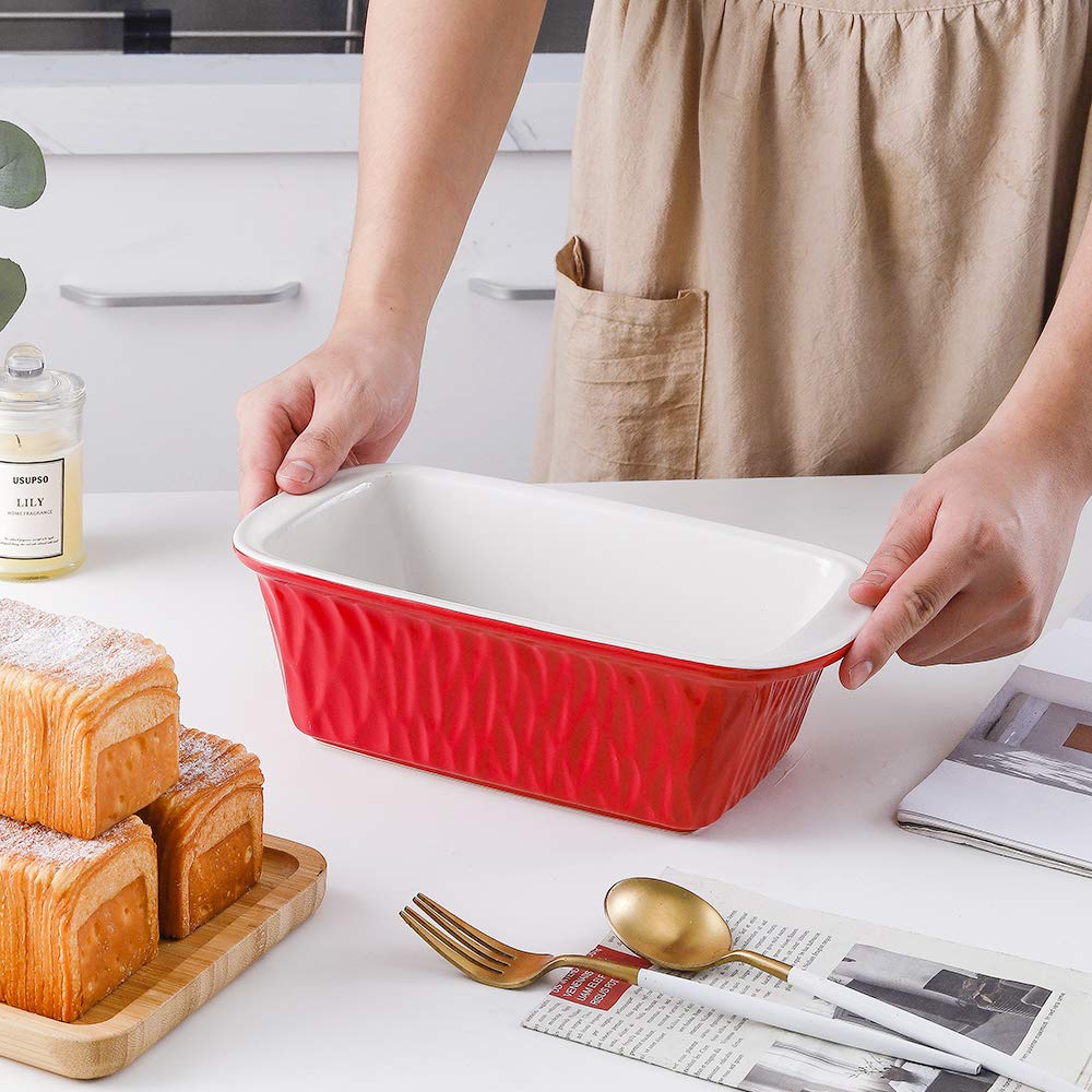 KOOV Ceramic Loaf Pan, Bread Baking Pan, 9 x 5 inch Baking Dish, Rectangular Bakeware for Cooking, Home Kitchen, Texture Series(Red)