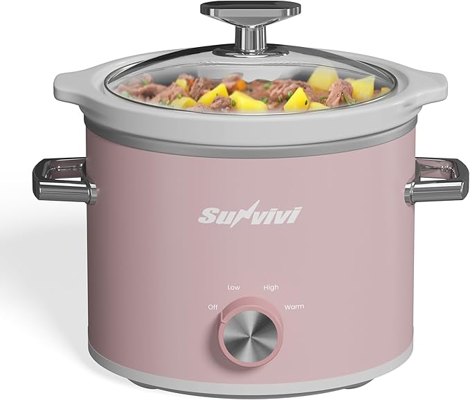 Sunvivi 2 Quart Slow Cooker, Small Slow Cooker with Removable Ceramic Pot, Slow Cookers Food Warmer with 3 Heating Settings & Dishwasher Safe Glass Lid, Grey