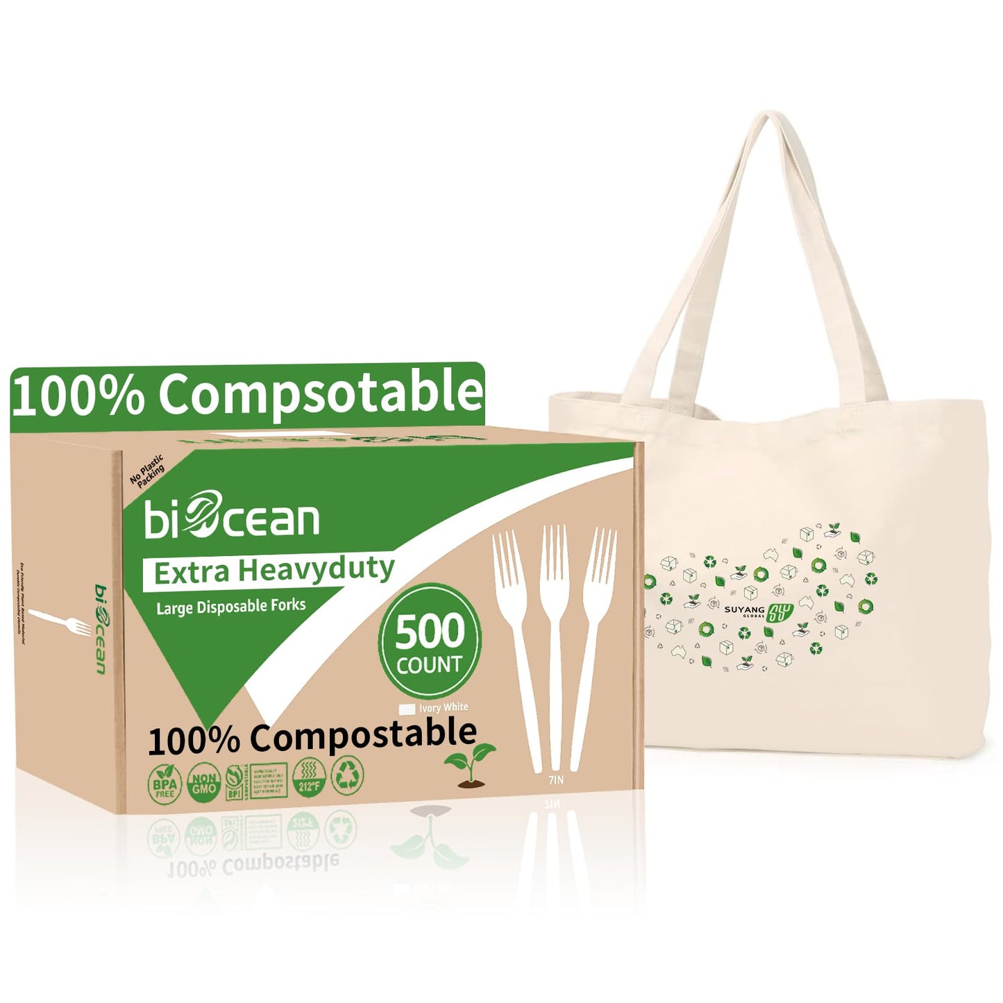 Biocean Extra Heavyduty Compostable Spoons [500 Count,6.7In] Disposable Cutlery No Plastic Spoons Large Biodegradable Utensils Eco Friendly Silverware for Party,BBQ,Daily Use [With Tote]