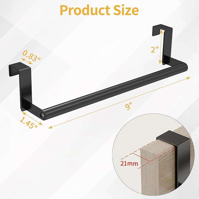 Over The Door Towel Rack, Kitchen Towel Holder Over Cabinet Door Towel Bar Stainless Steel for Cupboard for Kitchen Dish Towel Holder Hanger, 2 Pack (Black)
