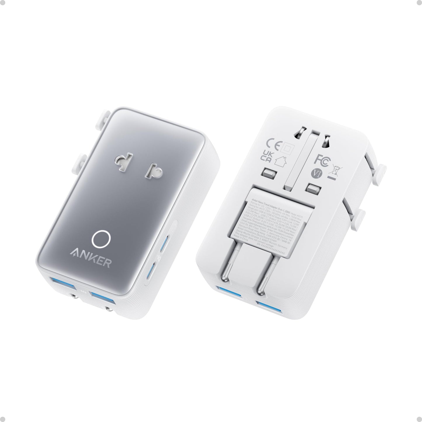 Anker Nano Travel Adapter, 5-Port Power Adapter with 1 AC, 2 USB-A, and 2 USB-C Ports, Smart Temperature Control, Compatible with Over 200 Countries, Ideal for Travel (1-Pack)
