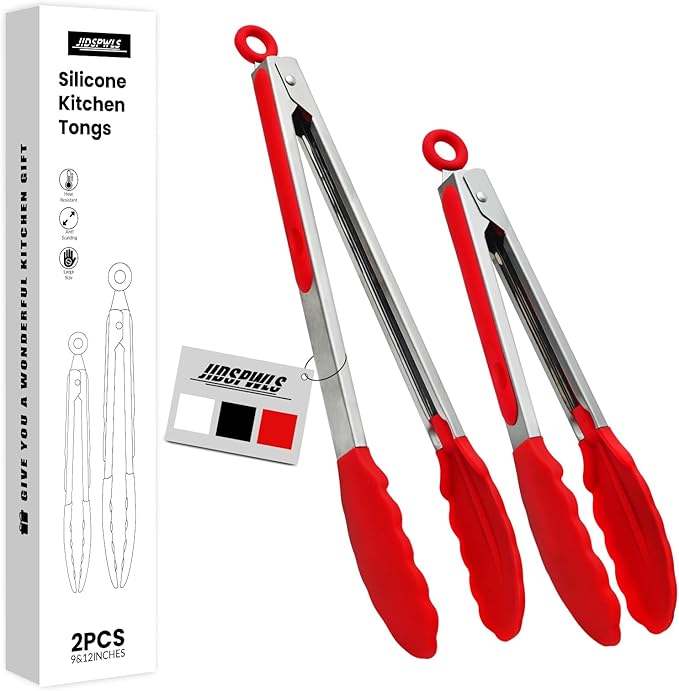 JIDSPWLS Premium Stainless Steel Heat Resistant Kitchen Tongs for cooking,set of 9" and 12" (Red),Non Scratch Silicone cooking Tong Tip for Cooking Pans,Strong Grip BBQ tongs for Grabbing Hot Food