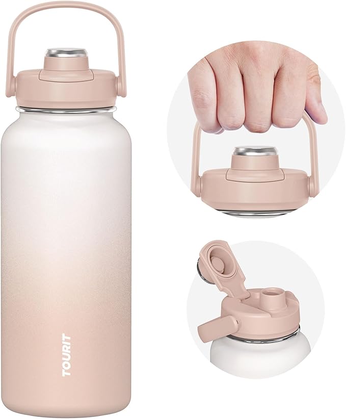 TOURIT 32 oz Insulated Water Bottle, Stainless Steel Sports Water Bottles With Top Handle, Double-Wall Travel Thermal Water Flask, BPA Free Leakproof Water Bottle for Sports and Travel,Khaki